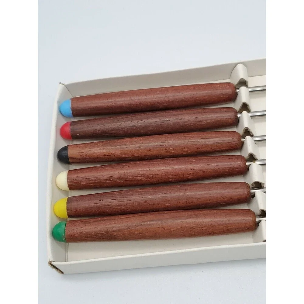 MCM Stainless Steel Japan Fondue Forks Color Coded Teak Wood Handles NIB 6 Piece
